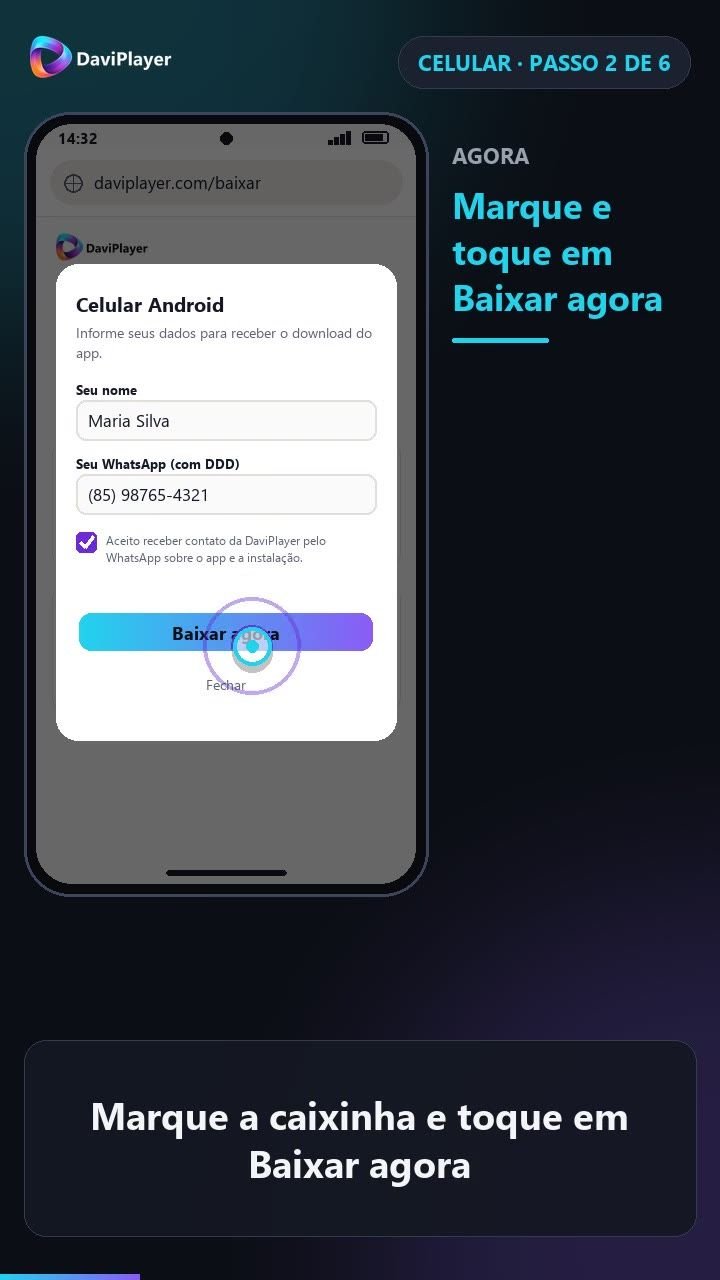 Formulário Celular Android com nome, WhatsApp, caixinha marcada e botão Baixar agora