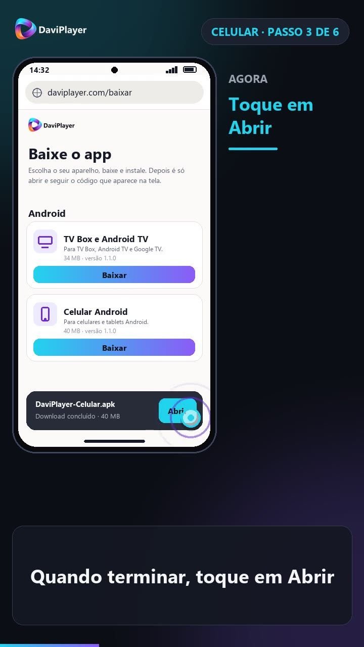 Download do arquivo DaviPlayer-Celular.apk concluído, com o botão Abrir