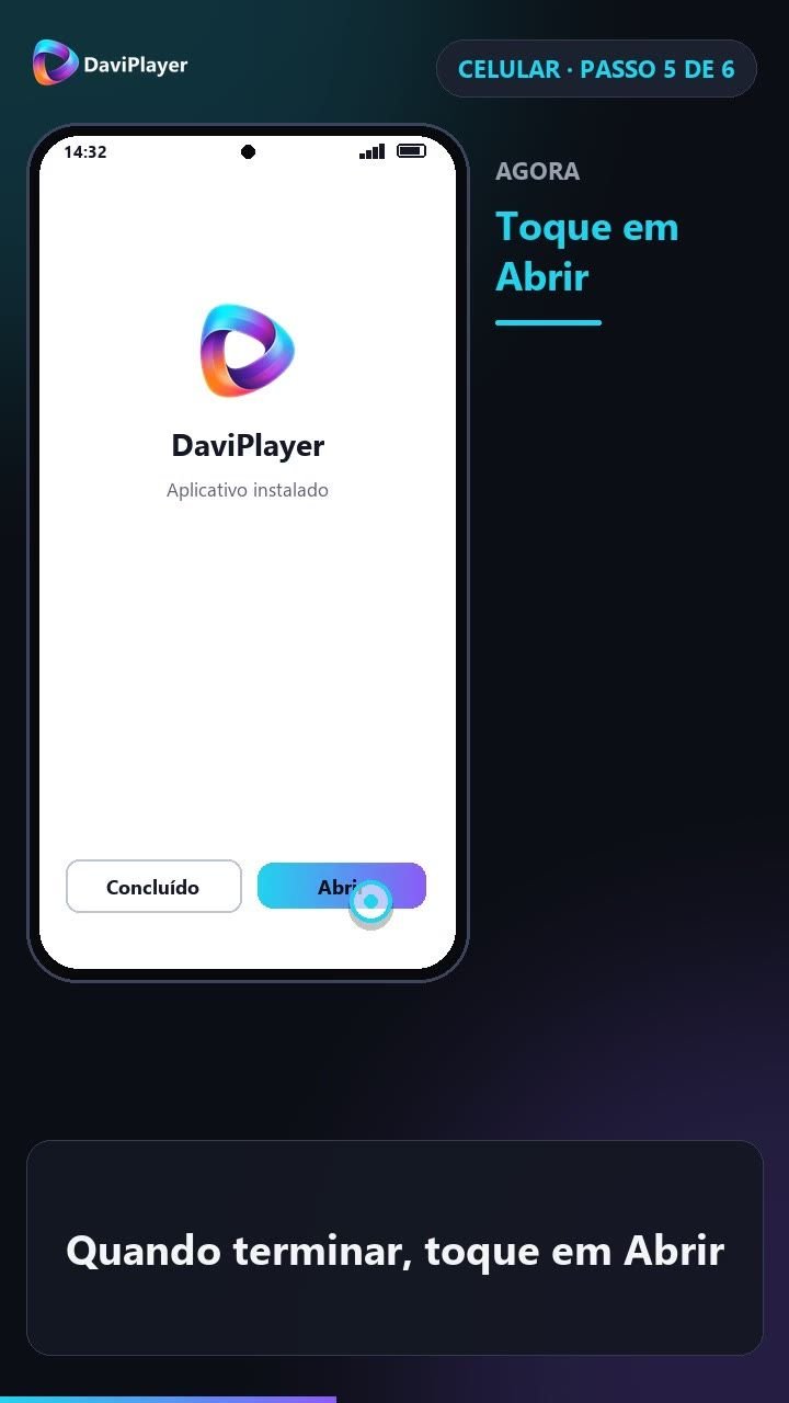 Tela Aplicativo instalado do DaviPlayer com os botões Concluído e Abrir