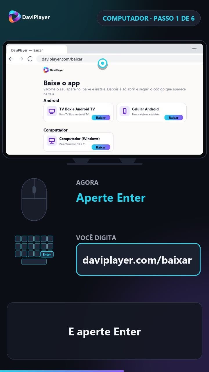 Navegador no computador aberto em daviplayer.com/baixar, com os cartões de download