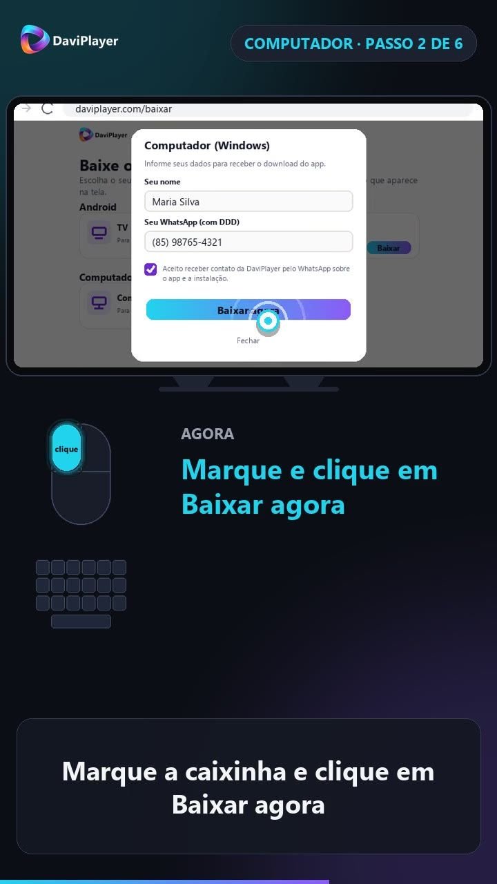 Formulário Computador (Windows) com nome, WhatsApp, caixinha marcada e botão Baixar agora