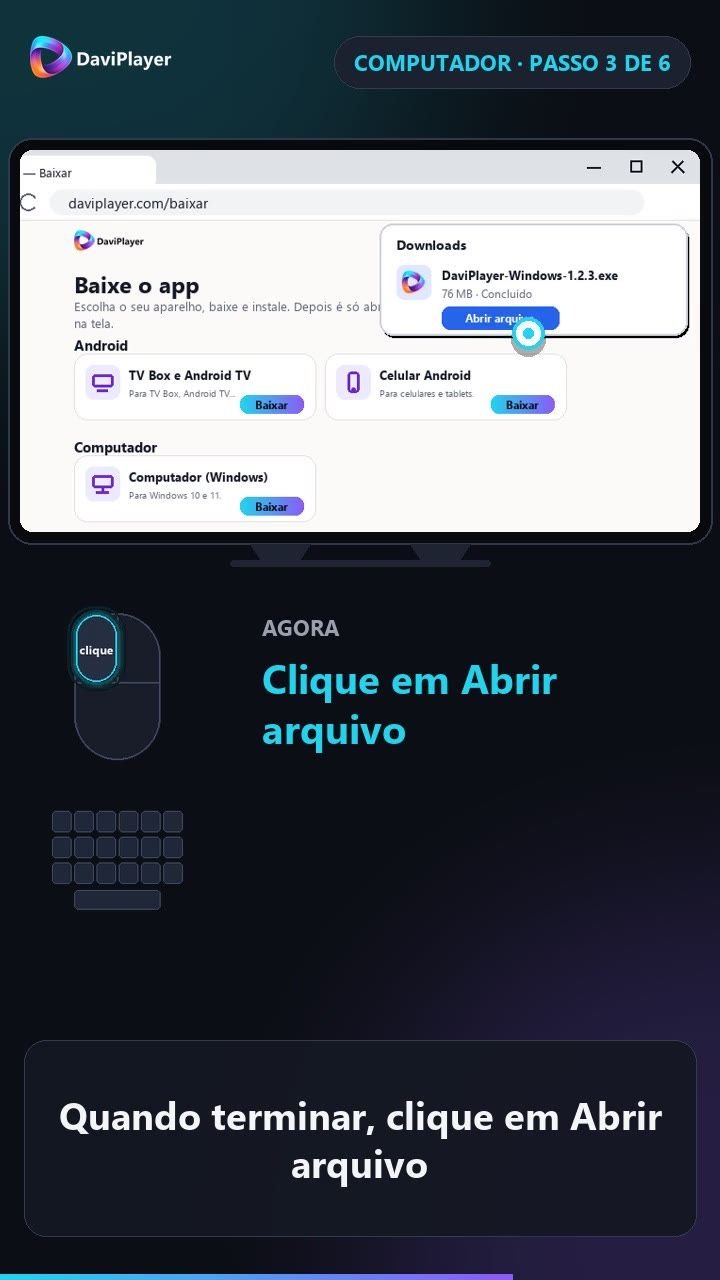 Janela de downloads do navegador com o instalador do DaviPlayer e o botão Abrir arquivo