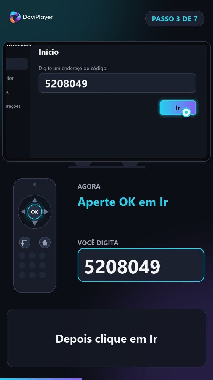 Downloader com o código 5208049 digitado e o botão Ir
