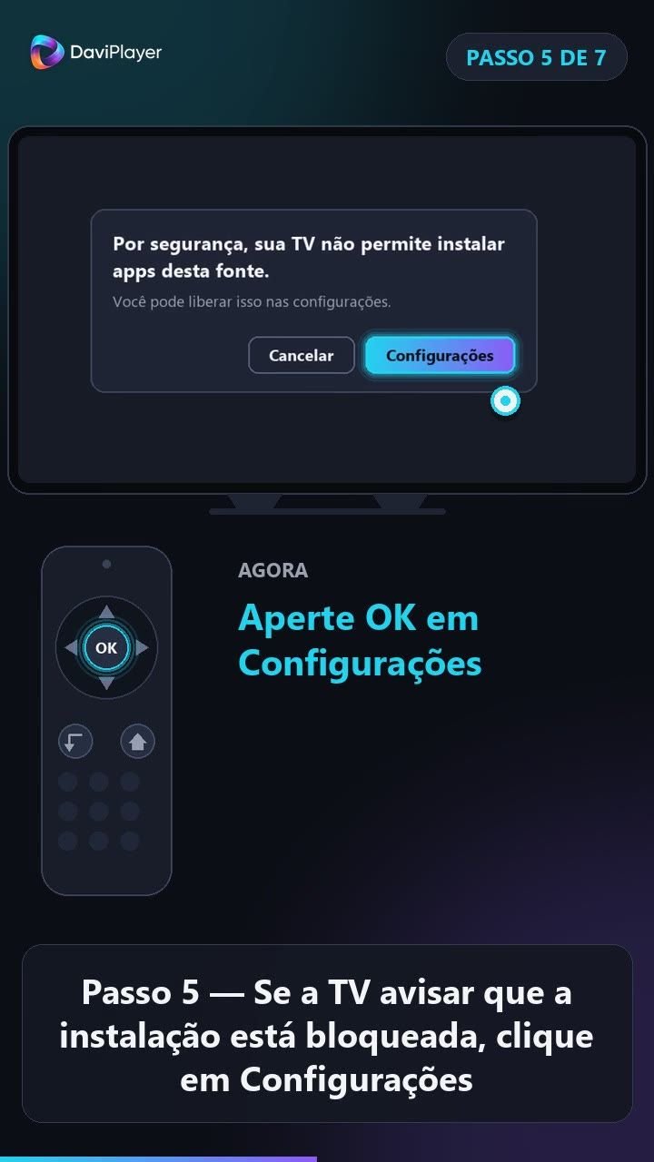 Aviso de segurança da TV com o botão Configurações
